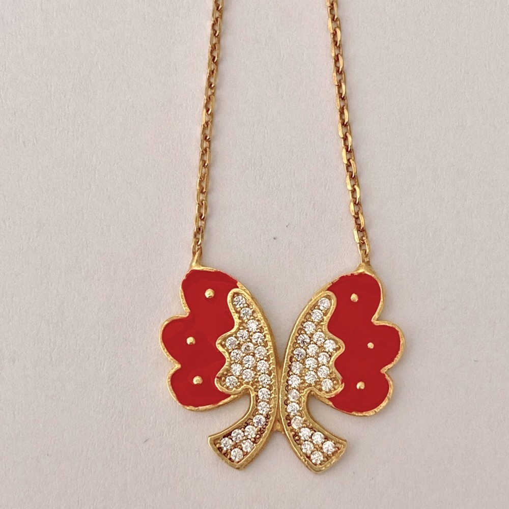 💝 925 Silver bow butterfly red enamel cz stones necklace 18K yellow gold plated